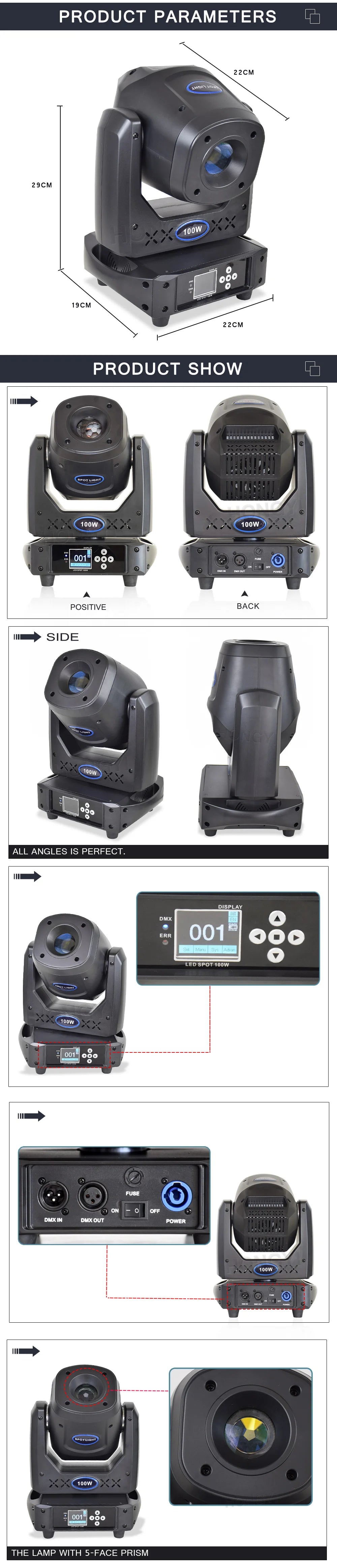 LED Spot 100W Moving Head Light with 8-Face Prism