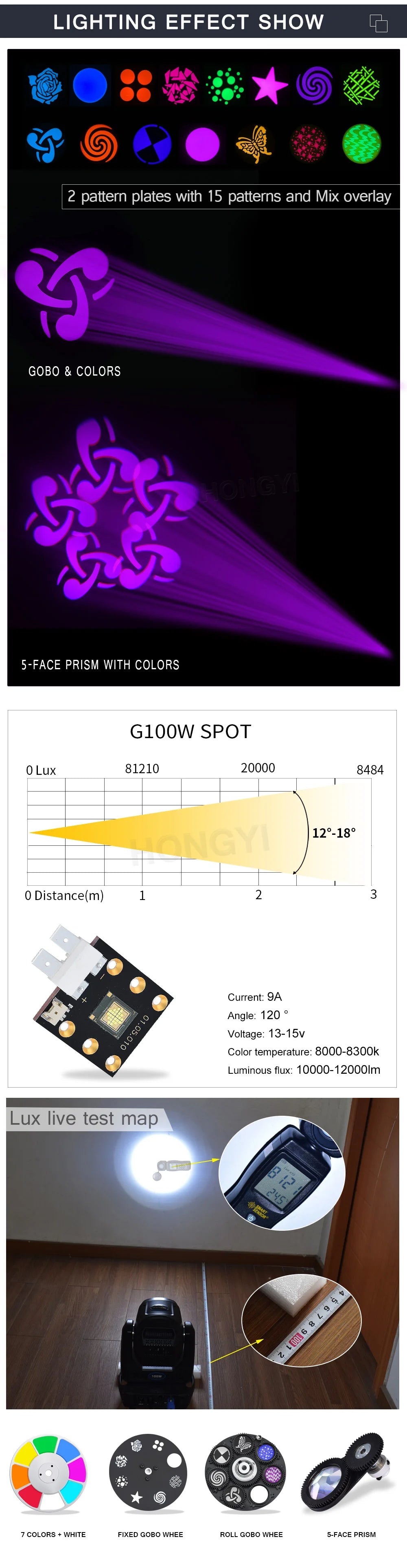 LED Spot 100W Moving Head Light with 8-Face Prism