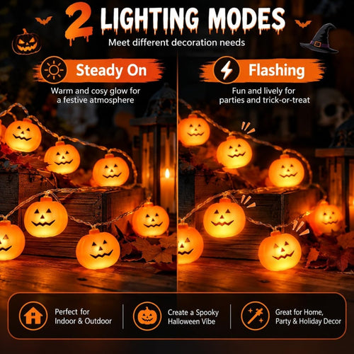 10FT Halloween Pumpkin String Lights – 20 Battery-Operated LEDs