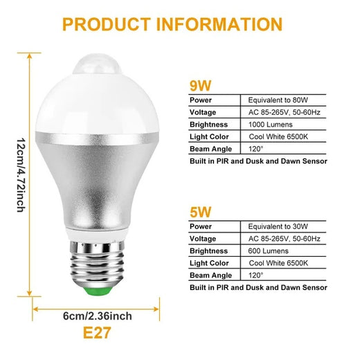 E27 Motion Sensor LED Bulb – 6500K Cool White, 5W or 9W