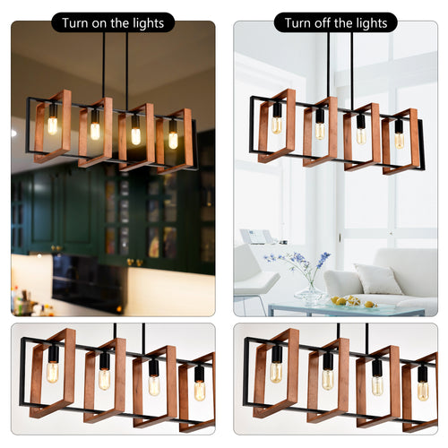 36-Inch Farmhouse Kitchen Island Chandelier – 4-Light Wood & Black Metal