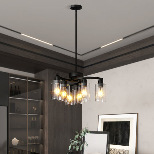 Modern Black Farmhouse 6-Light Chandelier with Clear Glass Shades