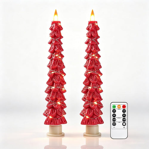 2-Pack Red Christmas Tree LED Taper Candles with Fairy Lights