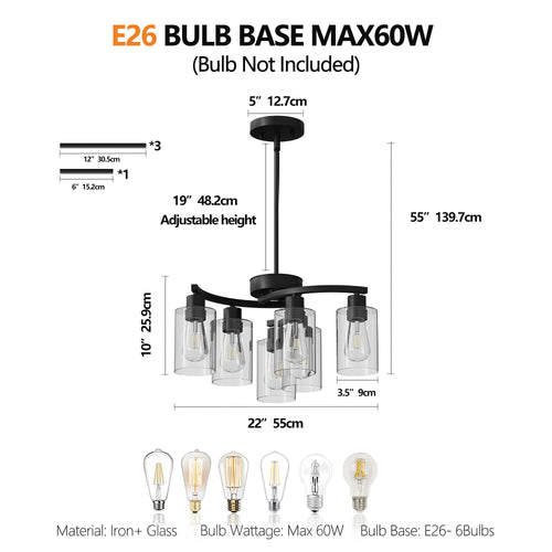 Modern Black Farmhouse 6-Light Chandelier with Clear Glass Shades