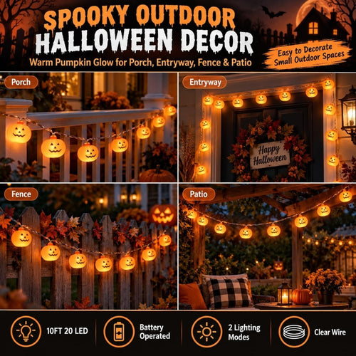 10FT Halloween Pumpkin String Lights – 20 Battery-Operated LEDs