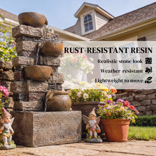 28-Inch Outdoor Water Fountain with 5-Tier Rustic Jugs & LED Lights | Cascading Waterfall