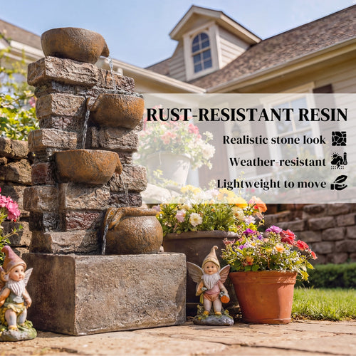 28-Inch Outdoor Water Fountain with 5-Tier Rustic Jugs & LED Lights | Cascading Waterfall