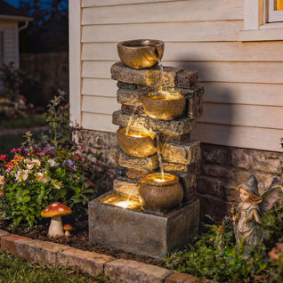 28-Inch Outdoor Water Fountain with 5-Tier Rustic Jugs & LED Lights | Cascading Waterfall