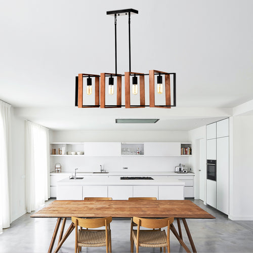 36-Inch Farmhouse Kitchen Island Chandelier – 4-Light Wood & Black Metal