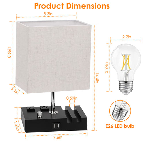 Fully Dimmable Bedside Table Lamp with USB Ports & Power Outlets | LED Bulb Included