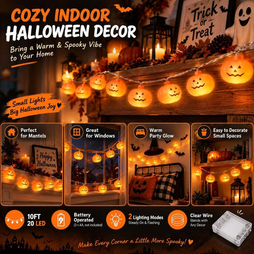 10FT Halloween Pumpkin String Lights – 20 Battery-Operated LEDs