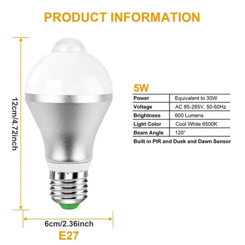 E27 Motion Sensor LED Bulb – 6500K Cool White, 5W or 9W