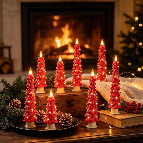 2-Pack Red Christmas Tree LED Taper Candles with Fairy Lights