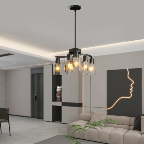 Modern Black Farmhouse 6-Light Chandelier with Clear Glass Shades