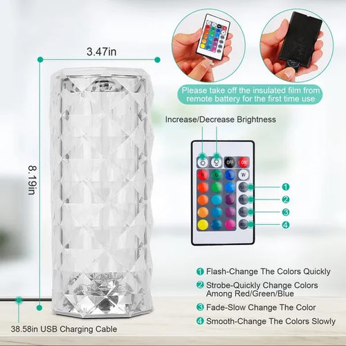 Crystal Diamond Rose LED Table Lamp with Remote & Touch Control