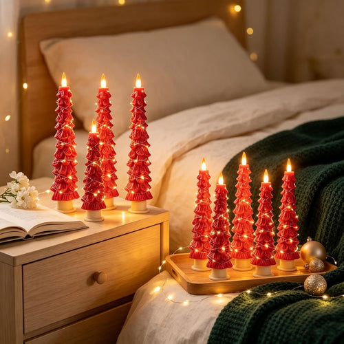 2-Pack Red Christmas Tree LED Taper Candles with Fairy Lights