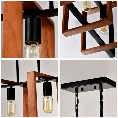 36-Inch Farmhouse Kitchen Island Chandelier – 4-Light Wood & Black Metal