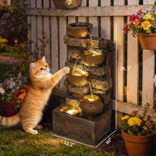 28-Inch Outdoor Water Fountain with 5-Tier Rustic Jugs & LED Lights | Cascading Waterfall