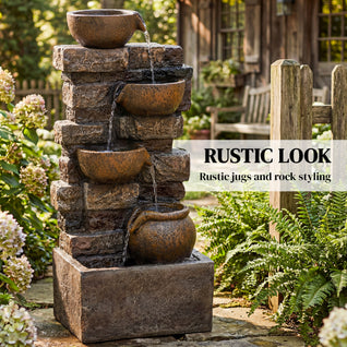 28-Inch Outdoor Water Fountain with 5-Tier Rustic Jugs & LED Lights | Cascading Waterfall