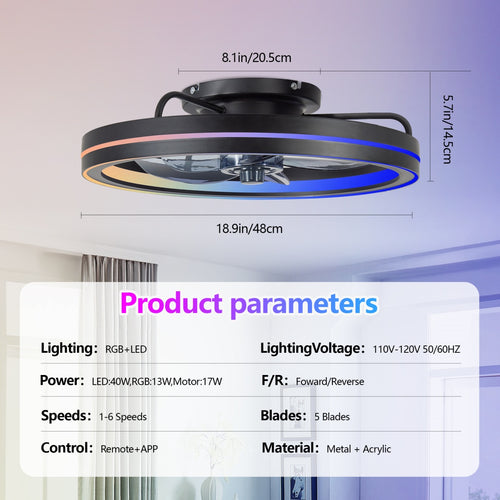 19-Inch RGB LED Ceiling Fan with Light, Remote & App Control