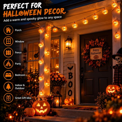 10FT Halloween Pumpkin String Lights – 20 Battery-Operated LEDs