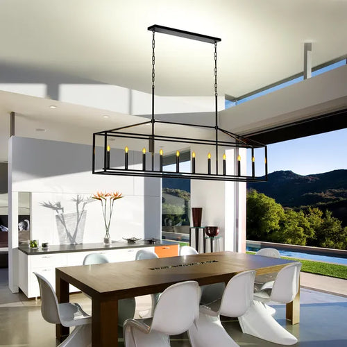10-Light Farmhouse Black Chandelier for Dining Room & Kitchen Island | Linear Pendant Light