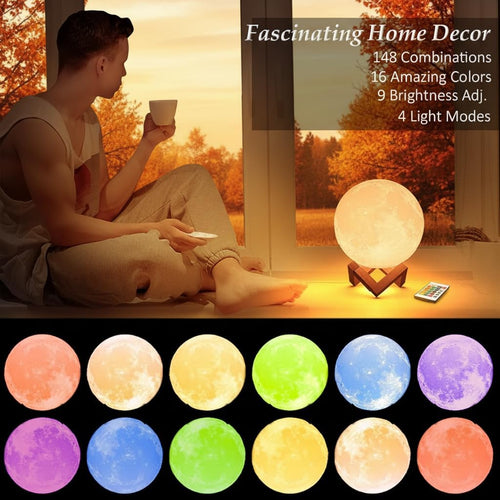 16-Color LED Moon Lamp with Stand & Remote Control