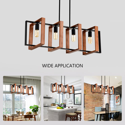 36-Inch Farmhouse Kitchen Island Chandelier – 4-Light Wood & Black Metal