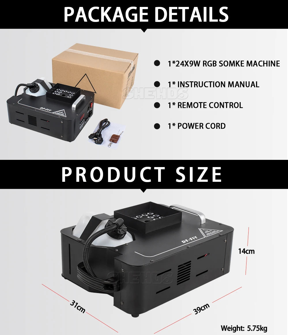 SHEHDS 2pcs 1500W Fog Machine LED 24x9W RGB 3in1 Vertical Somke Machine Special effects Spray Fogger equipment for Disco KTV