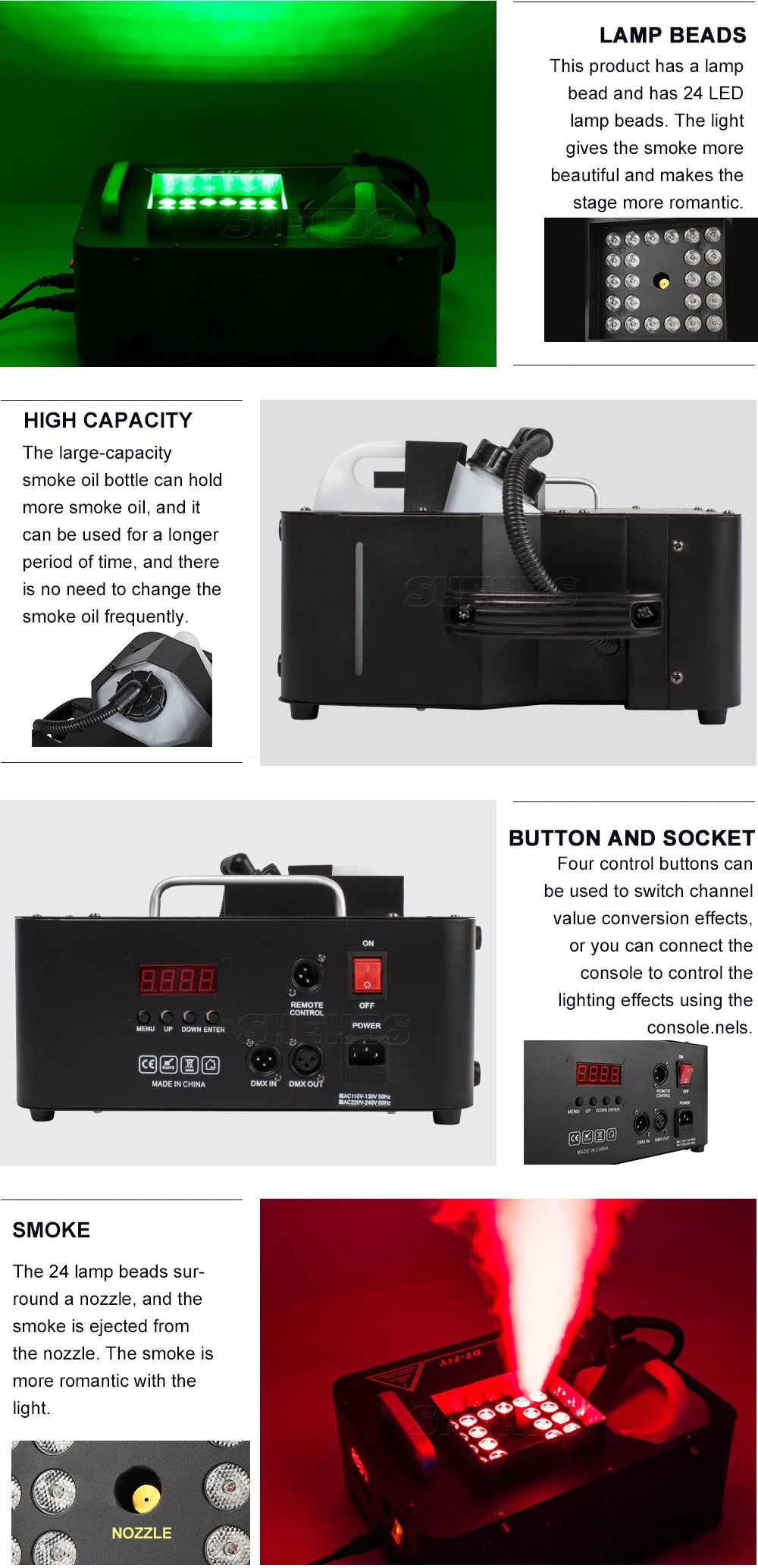 SHEHDS 2pcs 1500W Fog Machine LED 24x9W RGB 3in1 Vertical Somke Machine Special effects Spray Fogger equipment for Disco KTV