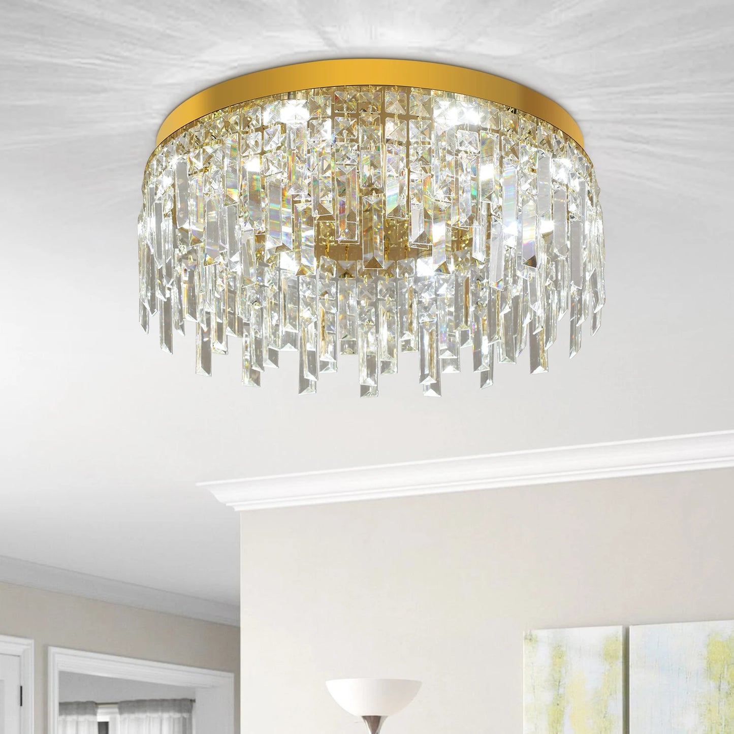 Luxury Gold LED Ceiling Light with Dual-Direction Crystal Shade and Adjustable Color Modes