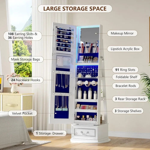 LED Full Length Mirror Jewelry Cabinet – RGB Lighted Lockable Organizer
