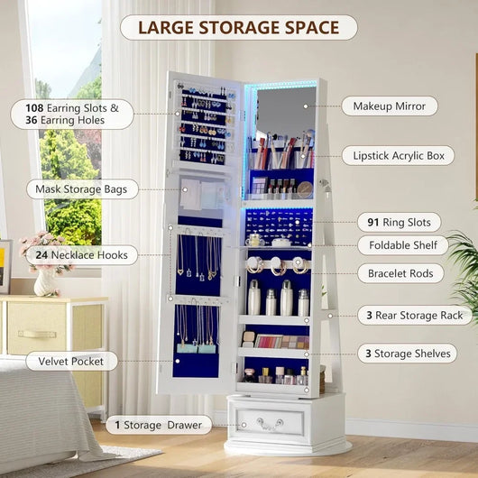 LED Full Length Mirror Jewelry Cabinet – RGB Lighted Lockable Organizer
