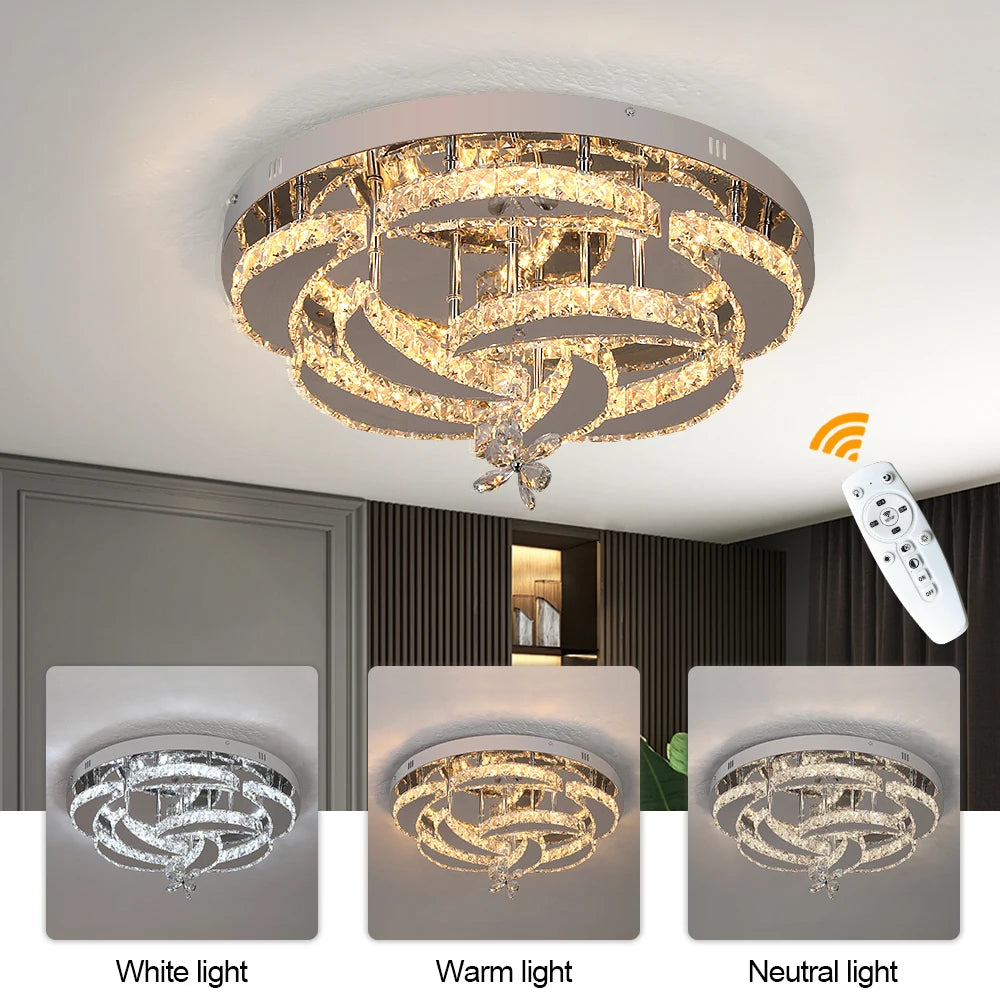 Crystal Modern LED Ceiling Lamp with Adjustable Light Modes and Chrome Finish