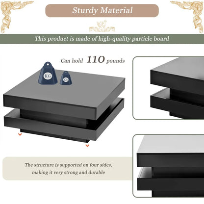 ONTREND High Gloss Minimalist Design with LED Lights 2-Tier Square Coffee Table Center Table for Living Room 31.5''x31.5''x14.2