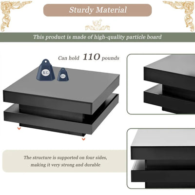 ONTREND LED Coffee Table – High Gloss 2-Tier Square Center Table