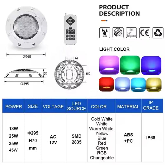 IP68 RGB LED Underwater Pool Light – Color-Changing Pool Lamp with Remote