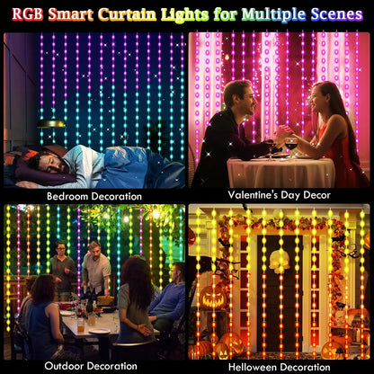 Smart LED Curtain Lights, 3mx3m 300Leds USB String Lights with Bluetooth App Timer, Music Sync Christmas Curtain String Outdoo