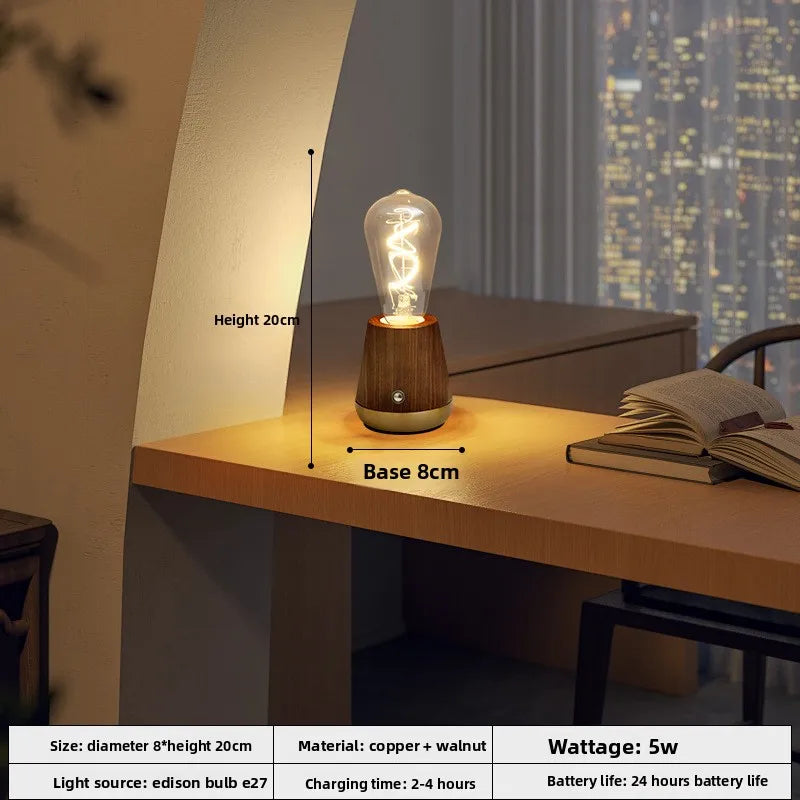 Portable rechargeable retro walnut desk lamp, bedside bedroom night lamp, charging desk lamp