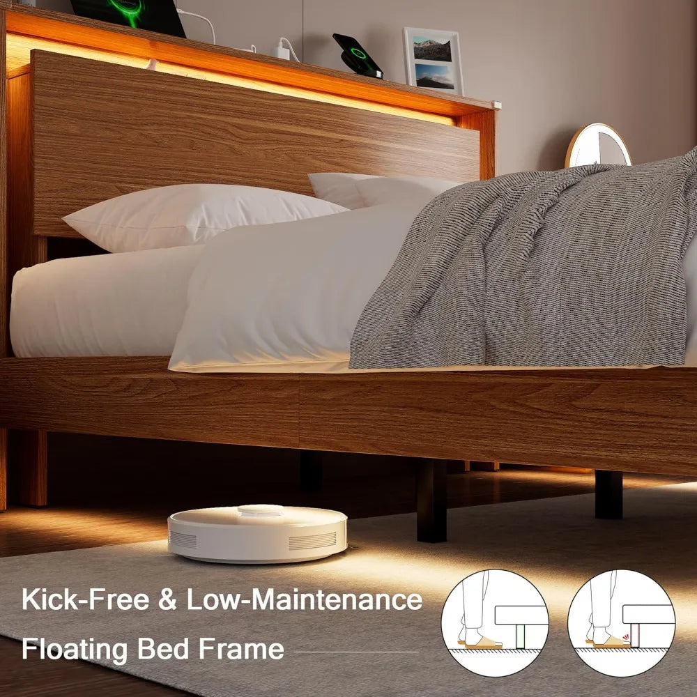Luxury King-Size Wood Bed Frame with LED Lighting and Built-In Charging Station, featuring Storage Headboard and No-Screw Slats