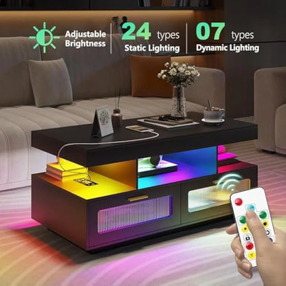 LED Coffee Table with Charging Station, Modern Low Coffee Tables with Auto RGB Lights, Smart Acrylic Center Tea Table for Living