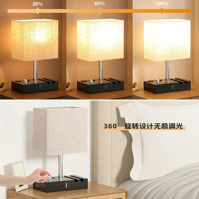 USB Modern Knob Switch Charging Dimmable Touch Control Table Lamp with Fabric Lampshade Decorative Night Light