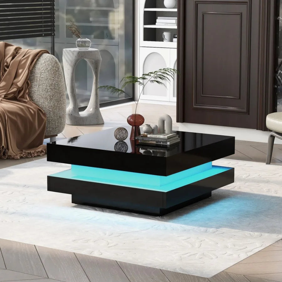 ONTREND High Gloss Minimalist Design with LED Lights 2-Tier Square Coffee Table Center Table for Living Room 31.5''x31.5''x14.2