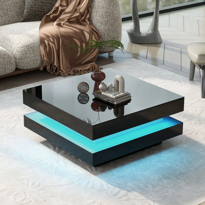 ONTREND High Gloss Minimalist Design with LED Lights 2-Tier Square Coffee Table Center Table for Living Room 31.5''x31.5''x14.2