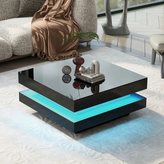 ONTREND High Gloss Minimalist Design with LED Lights 2-Tier Square Coffee Table Center Table for Living Room 31.5''x31.5''x14.2