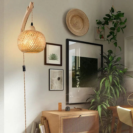 Bamboo Lantern Wall Lamp – Hand-Woven E27 Wicker Light