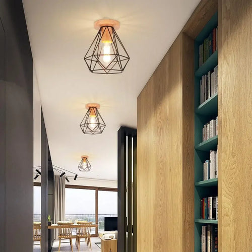 Modern Japanese Style Wood & Iron Ceiling Light – Vintage Cage Design