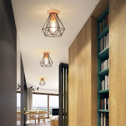 Modern Japanese Style Wood & Iron Ceiling Light – Vintage Cage Design