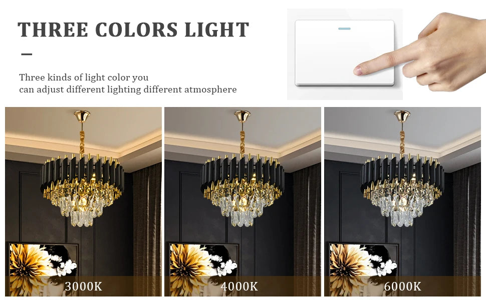 A modern crystal LED chandelier featuring a 3-story design, premium stainless steel accents, and bright ambient illumination for stylish residential or commercial spaces.