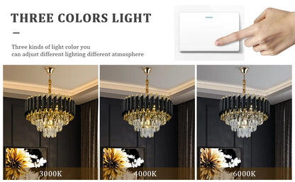 A modern crystal LED chandelier featuring a 3-story design, premium stainless steel accents, and bright ambient illumination for stylish residential or commercial spaces.